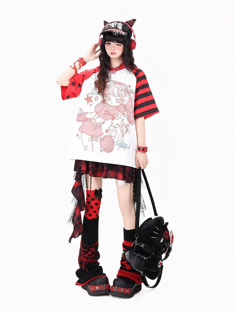 Otaku Kawaii Star-Stripe Tee with Anime Girl Graphic, Red White - CRAZY GIRL