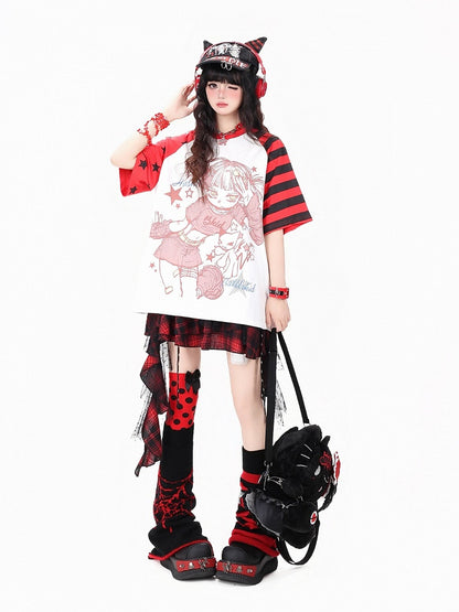 Otaku Kawaii Star-Stripe Tee with Anime Girl Graphic, Red White - CRAZY GIRL