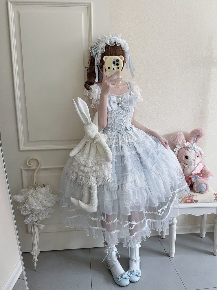Rhinestone JSK Lolita / Details Bows Lace Blue with Overlay Full Hanayome-Style Elegant + Set Dress Multi-Layer
