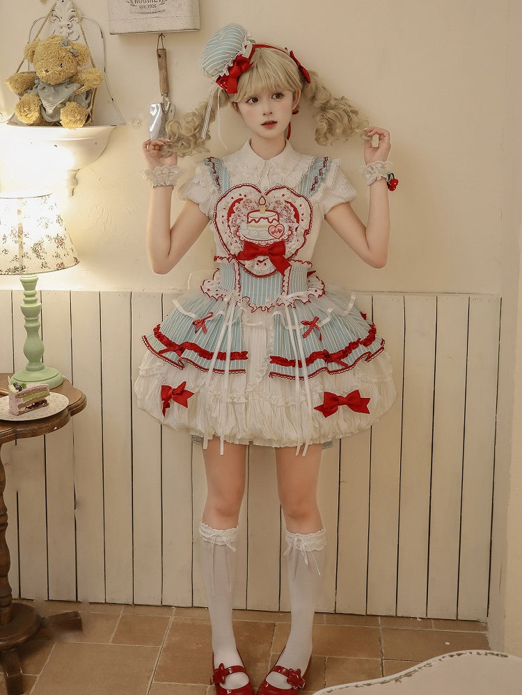 Bubble Appliqué Bodice Heart-Shaped and Cake Red Green Sweet Lolita Overall Dress with