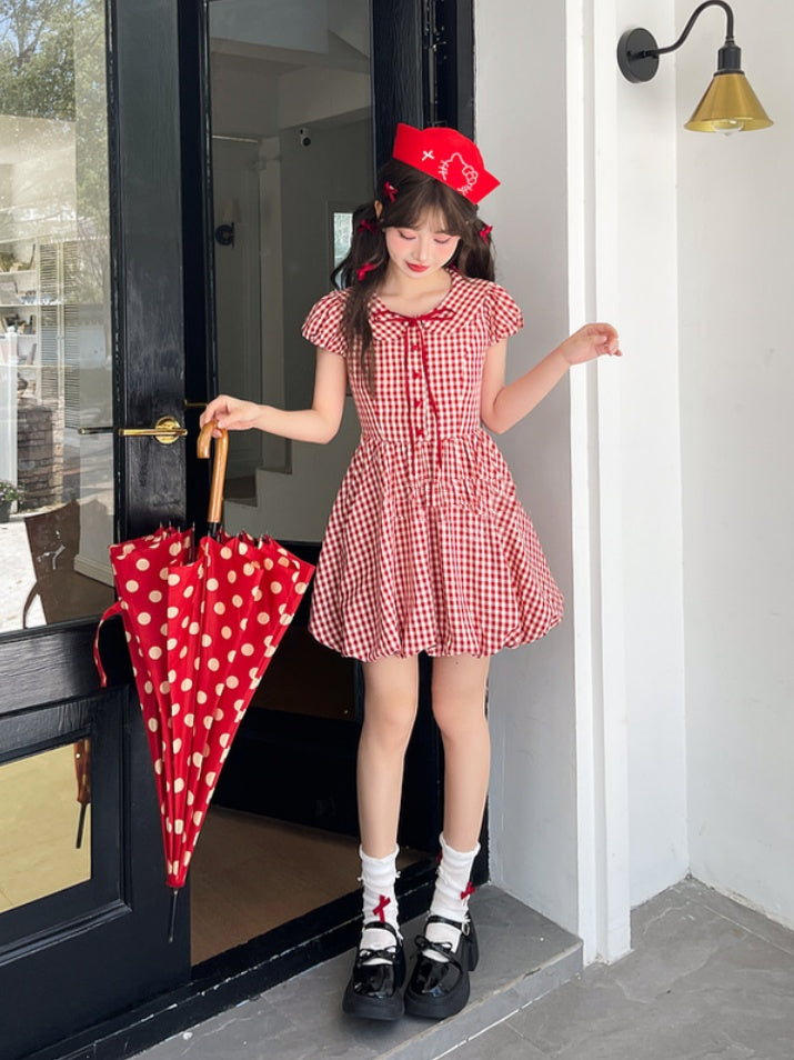 Skirt Plaid Sleeves Bubble Red Peter Pan Collar Puff Dress