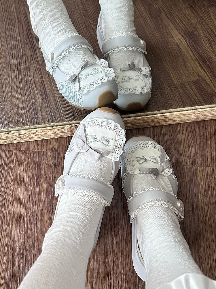 Sneakers Flat with Sweet Bow Lace Edging Gray Decorative Lolita - Velcro Fastening Style