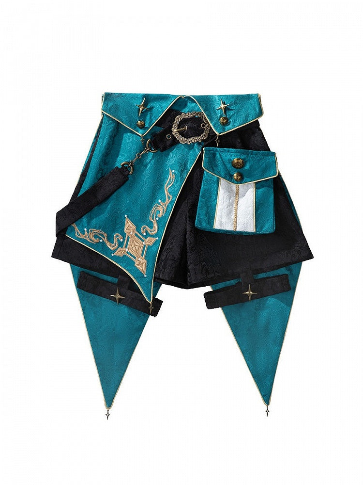Teal Swallowtail Lolita Shorts with Star Pendant & Metal Button Accents - Xiong Dou Jiang