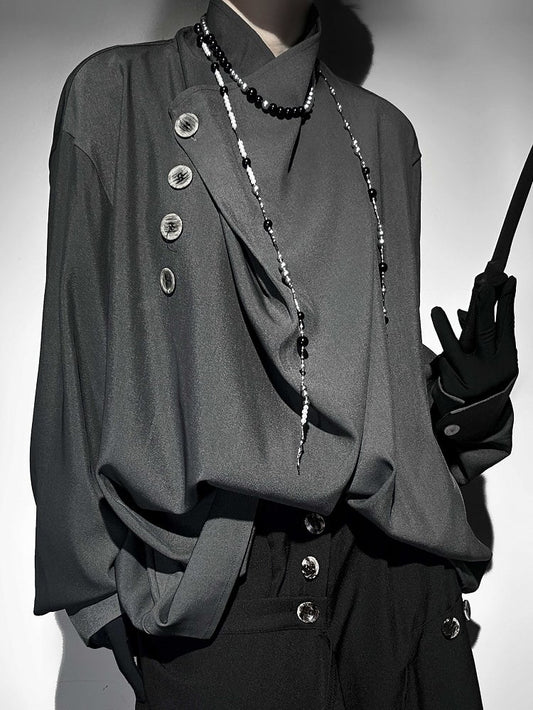 Button Collar Asymmetrical Placket with Gray Single Crossover Shirt Design