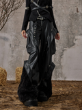 Studded Punk with Pants Black Wide-Leg PU Faux Rock Fur Accents