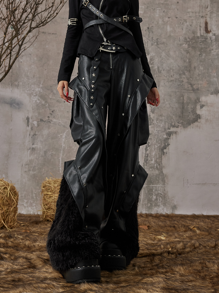 Studded Punk with Pants Black Wide-Leg PU Faux Rock Fur Accents