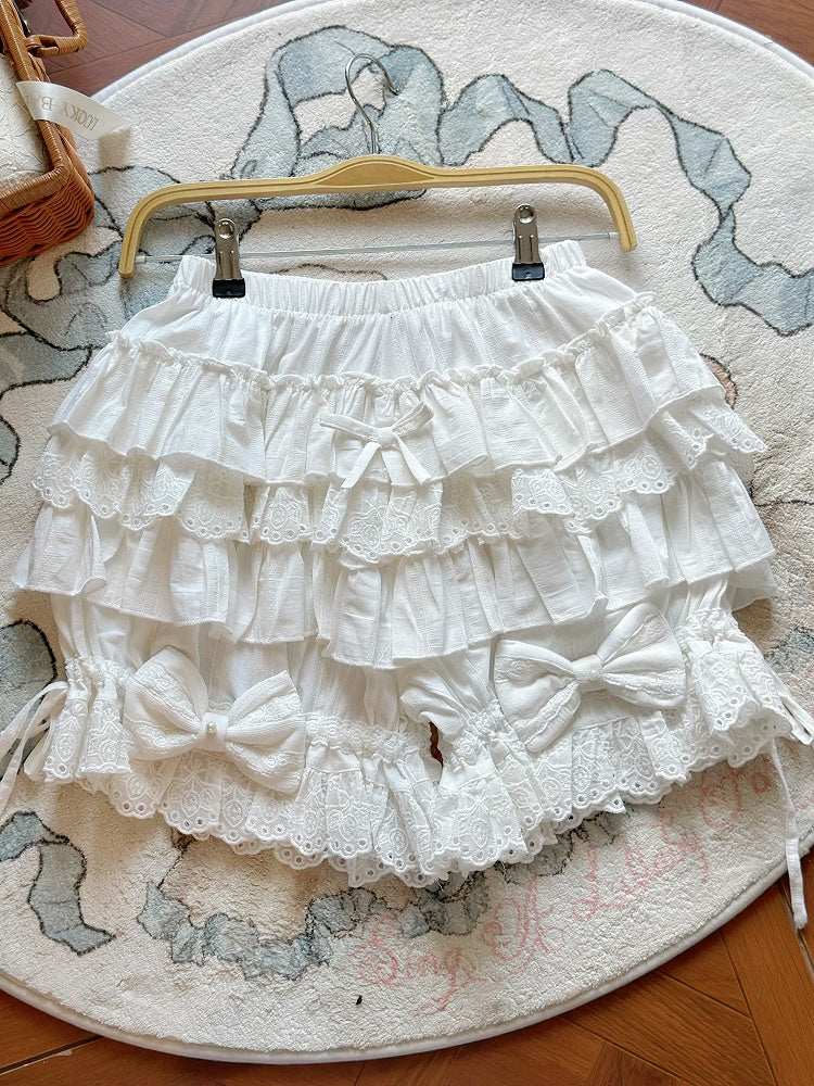 White Lolita Cotton Bloomers Tiered Ruffles Bow Accents - Jelly Girl