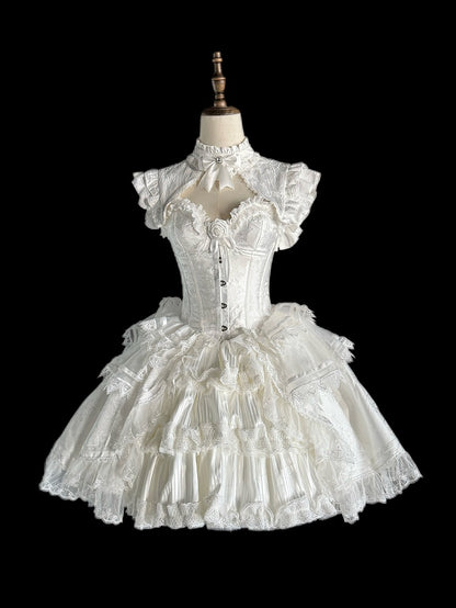 Gothic Lolita Boned Corset Top with Tiered Skirt and Collar in All White - Somnium Isle