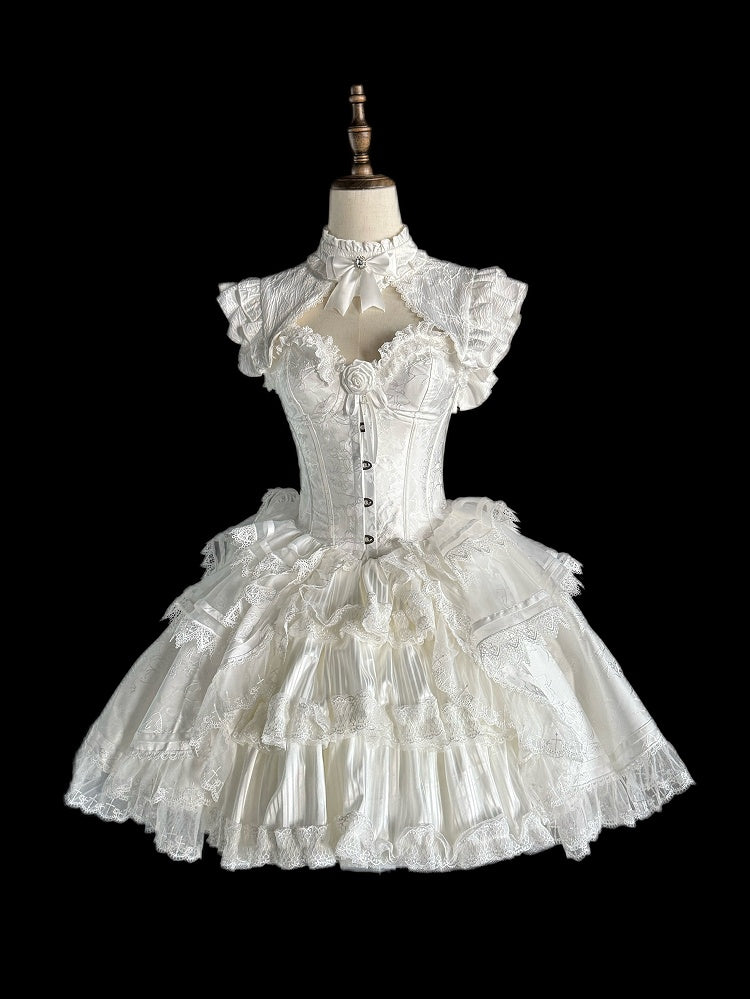 Gothic Lolita Boned Corset Top with Tiered Skirt and Collar in All White - Somnium Isle