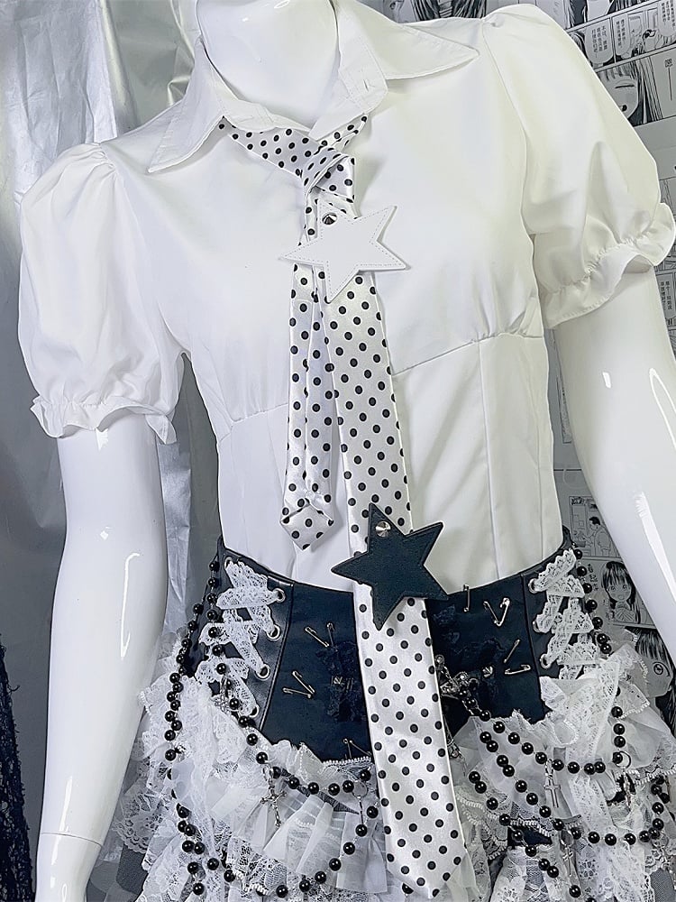 Applikation Stern Krawatte Muster Weiß/Schwarz Polka Dot Y2K Hals