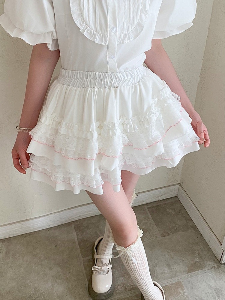 Puffy Layered High Waist Lace Skirt - Lan Jian Chuan