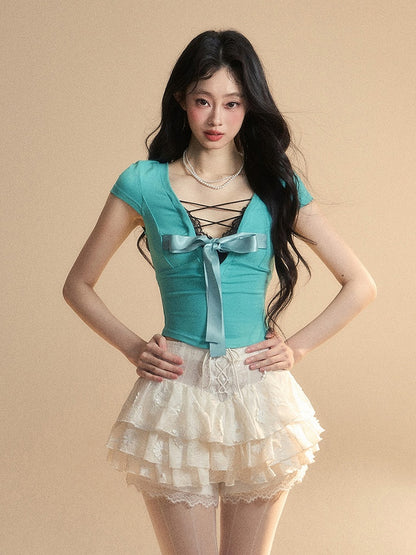 Blue Lace Trim V-Neck Cutout Tiffany Slim-fitting Back T-Shirt Big Bow