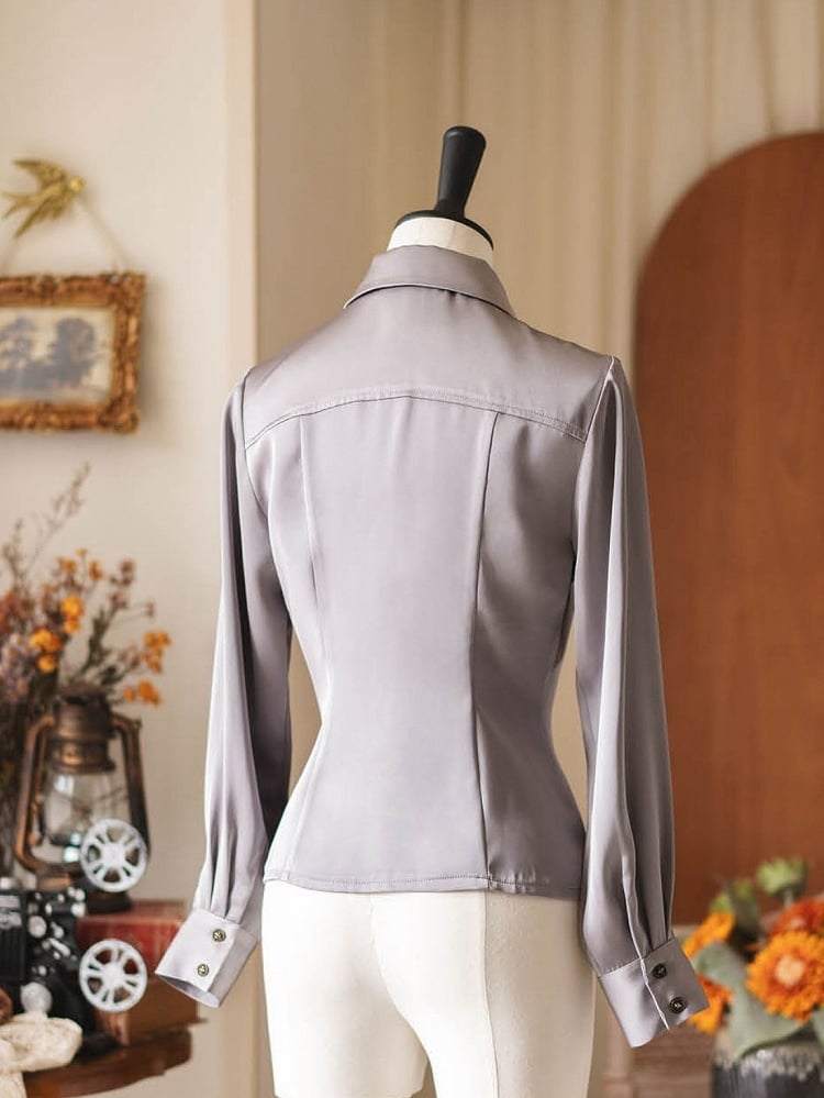 Shirt Elegant with Tie Fitted Satin Gray Jabot Long Sleeves