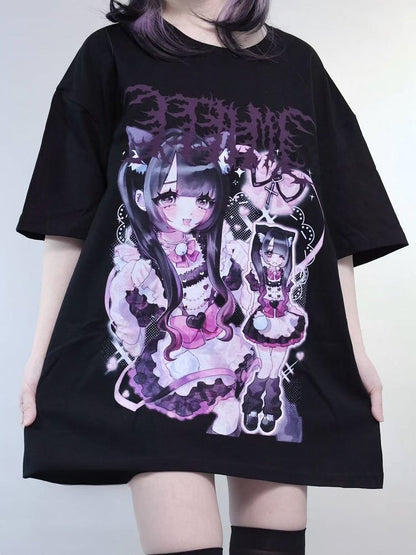 ジライ オーバーサイズ ケイ プリント ガール ブラック ネック Tシャツ ラウンド カートゥーン