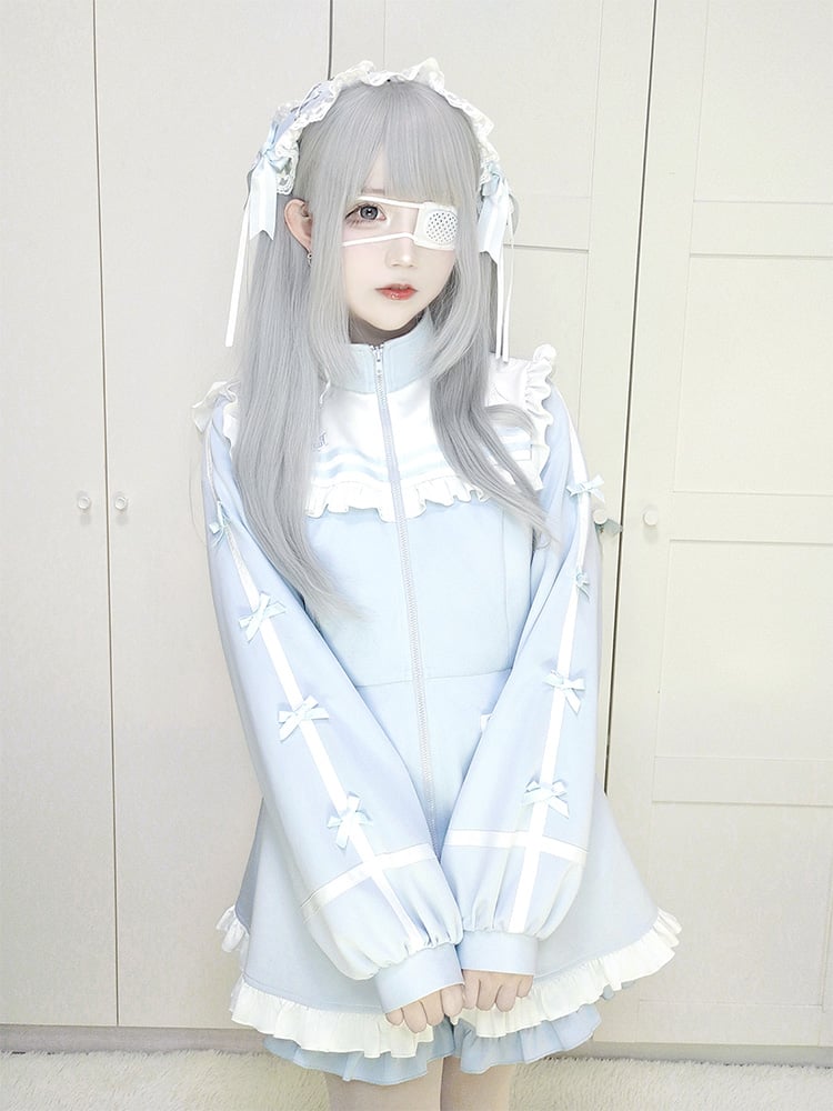 Hellblaues Jirai-Kei-Haarband mit überkreuztem Spitzenbesatz