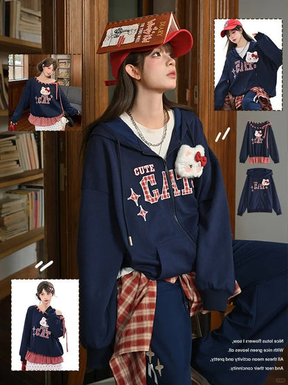 Red Navy Blue Zip-up Hoodie with Detachable Kitty Plushie Plaid Embroidery Applique