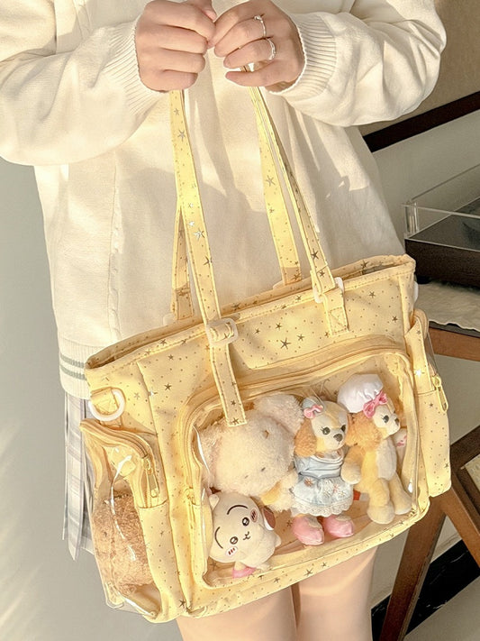 Transparent Design Star-shaped Pattern Window with Kawaii Ita Yellow Handbag Fashion