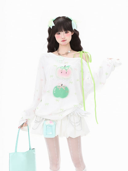 Top Long Bow Red/Green One-Shoulder Sleeve and Asymmetrical with