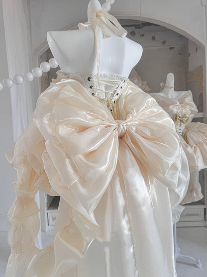 Set Balletcore + Full Top Train Big Bow Sleeves Skirt Corset Gold Lace-up