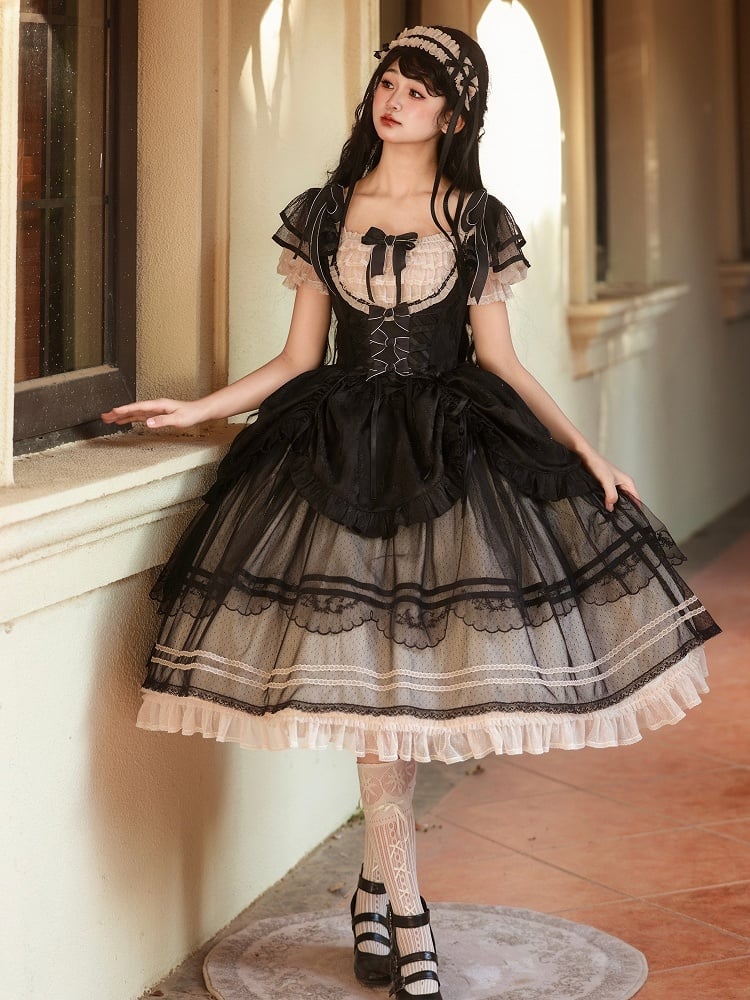 Black Boned Basque Waist Elegant Under Bust Classic Lolita Jumper Skirt
