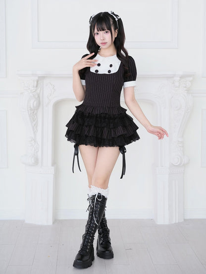 Black Striped Two-piece Set - Peter Pan Collar Top + Lace Ruffle Tiered Skirt - Jirai-Kei - No Genki