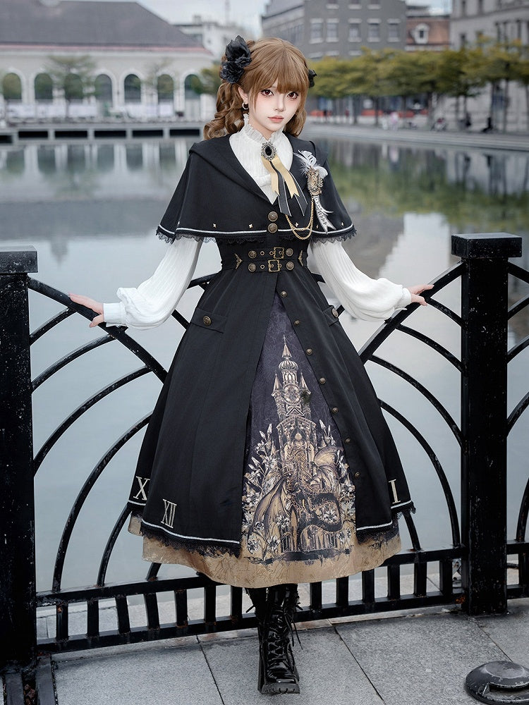 Lolita Skirt Dark Fashion Academia Print Coat Dragon Cape White Gothic Blouse Hooded +