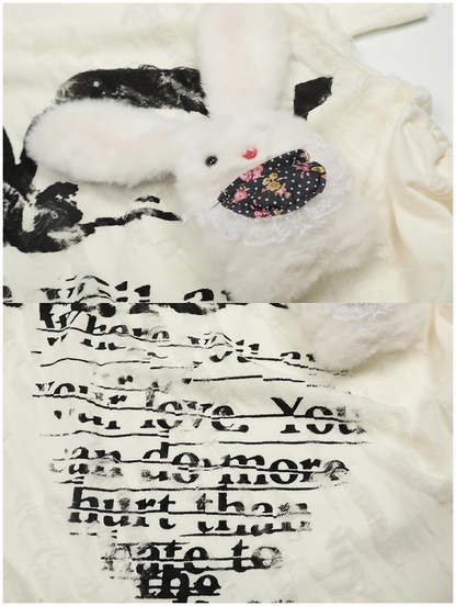 Bunny Plush One-Shoulder Accent Black/Apricot Tee Distresseded Asymmetrical with