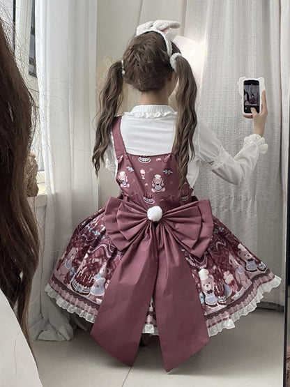 + Sweet Dress and Lolita Big Overall Print Cake Bear Reddish Brown Train Bow