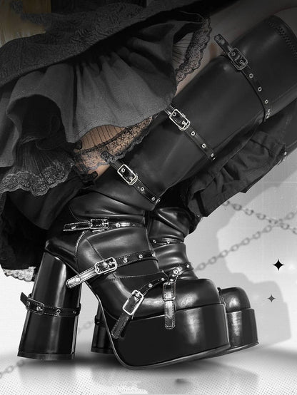 Boots Punk Buckle Zip Black Block Straps Under Inner Platform Version Heel Knee - Closure Regular High