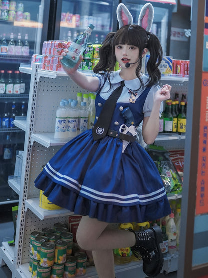 Marineblaues Kleid mit Peter-Pan-Kragen und kurzen Ärmeln, zweiteilig