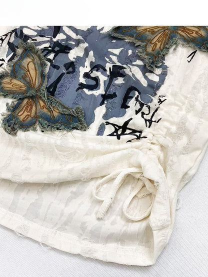 Butterfly Bittersweet Neckline Kawaii T-shirt Asymmetrical Applique White