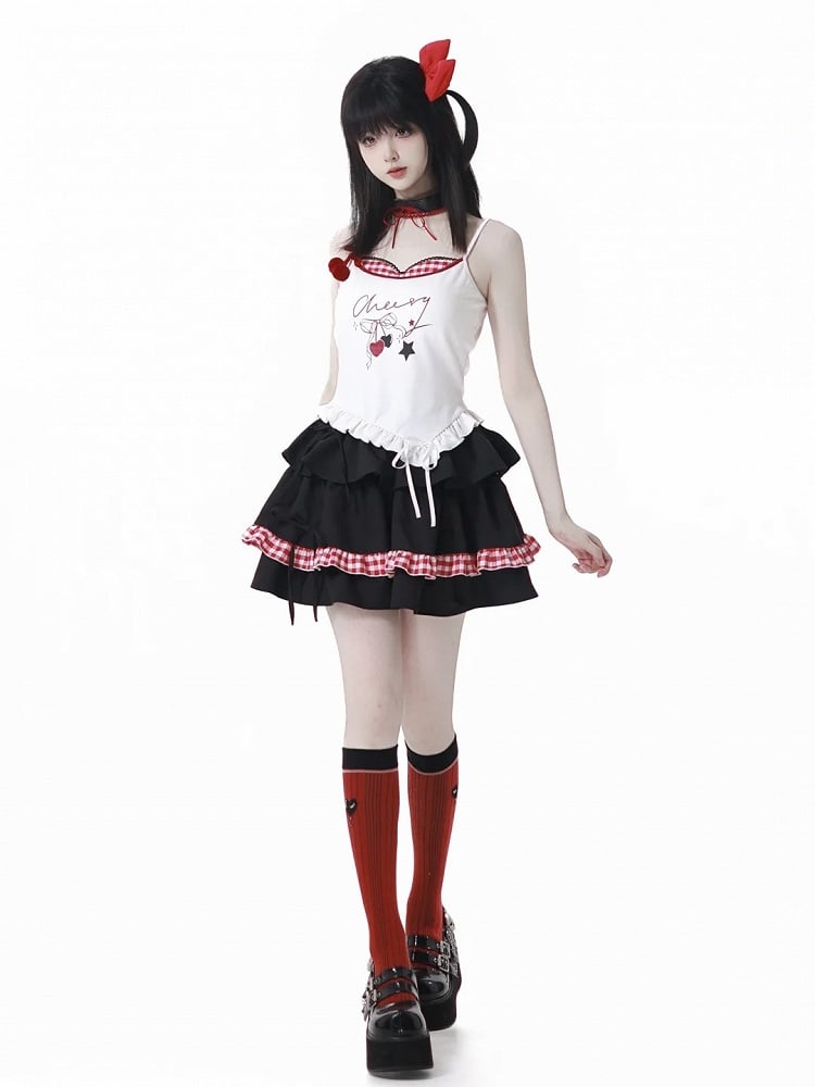 Black Skirt Hem Red Ruffled Plaid with Tiered