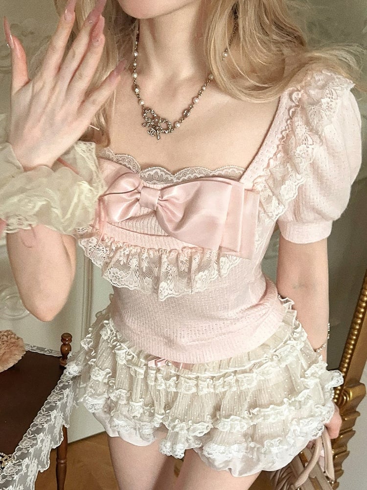 Rosa mit Ärmel Top Schleife Spitze Puff Trim Verspielt Slim-Fit