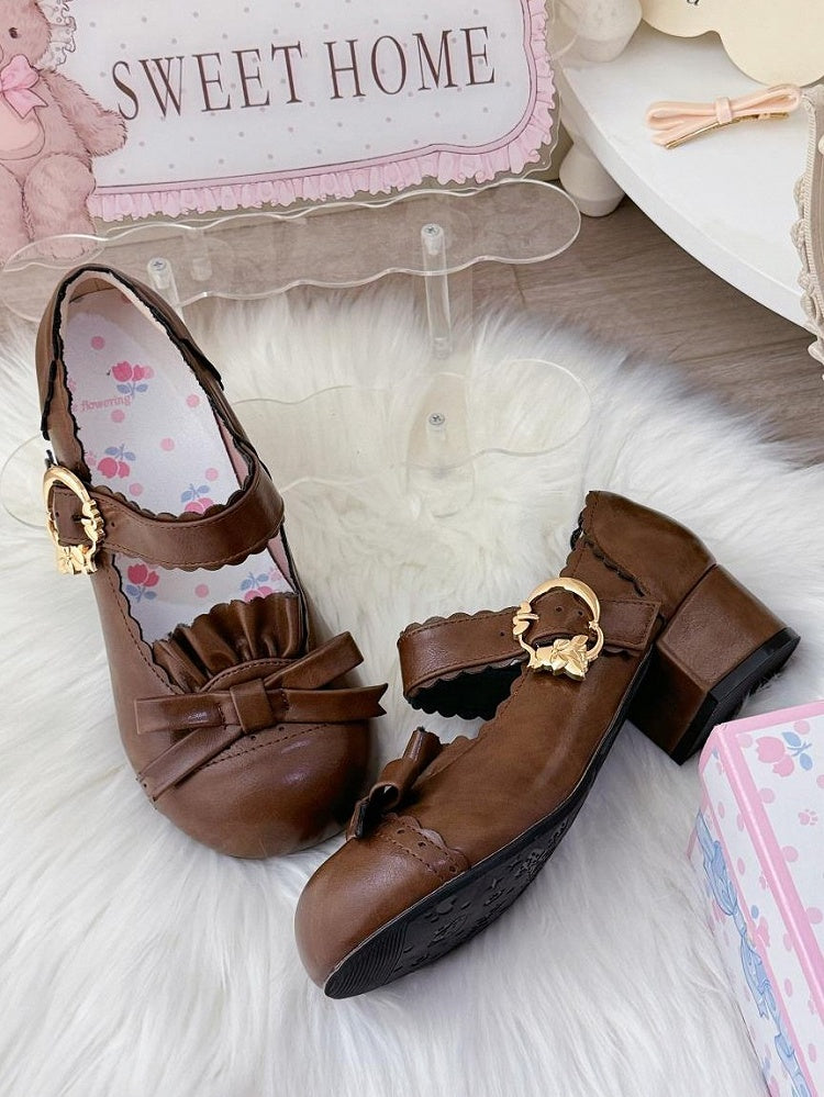 Sweet with Janes Mary ToeDesign - Bow Round Brown Lolita Mid-heel