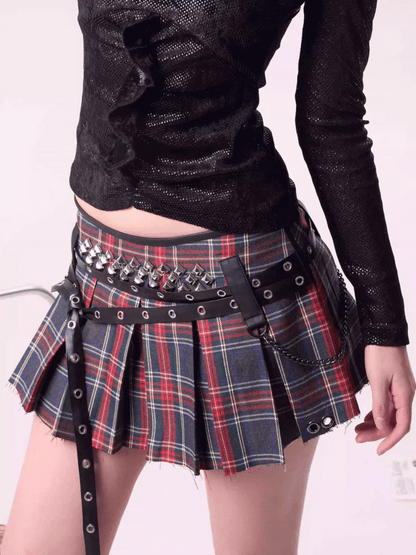 Y2K Red Plaid Punk Studded Mini Box Pleat Skirt with PU Strap and Chain