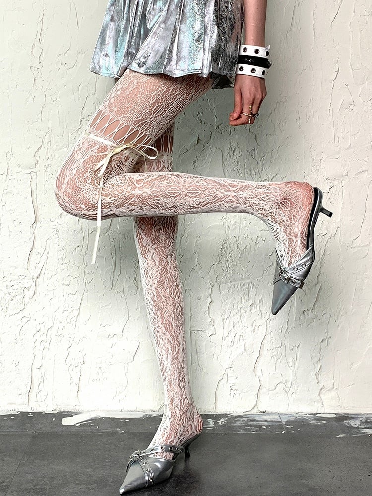 Trägerstrumpfhose Y2K Design Selbstbinden Hohl-Out Weiß