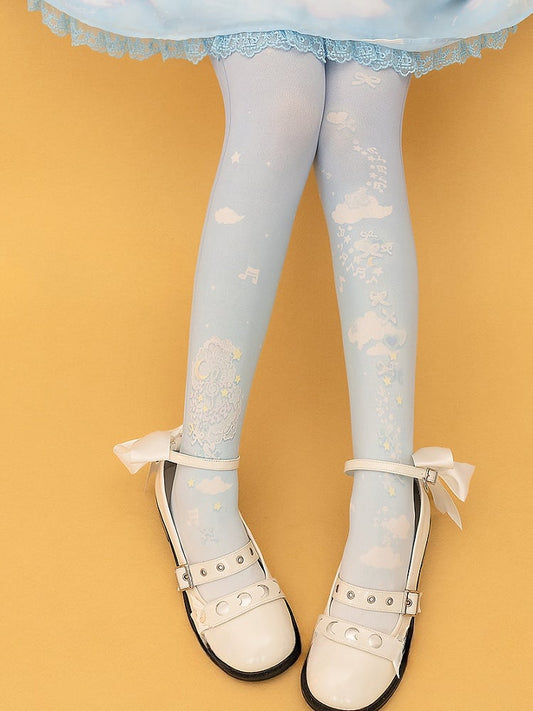 Süße Lolita-Strumpfhose mit blauem Stern, Mond und Wolke