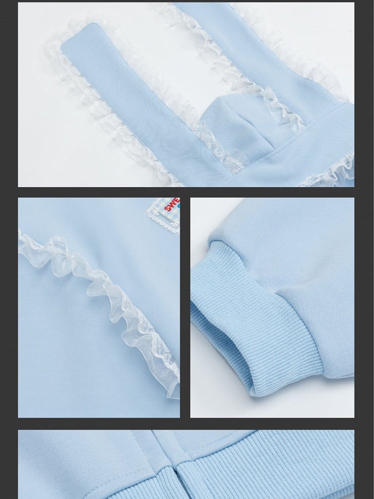 Hellblau/Apricotfarbener Kapuzenpullover mit Hasenohren-Design und Spitzenakzenten