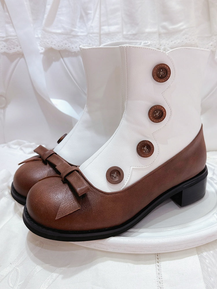Decorative White Heel Design Lolita Classic Mid with Boots- Brown Buttons