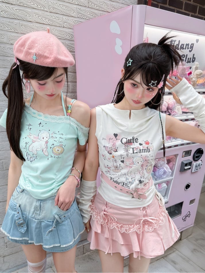 Y2K Adorable Lamb Print Mint Green Asymmetrical Neckline T-Shirt