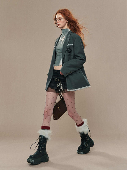 ダークグレーのレーストリム刺繍ポケットブレザー