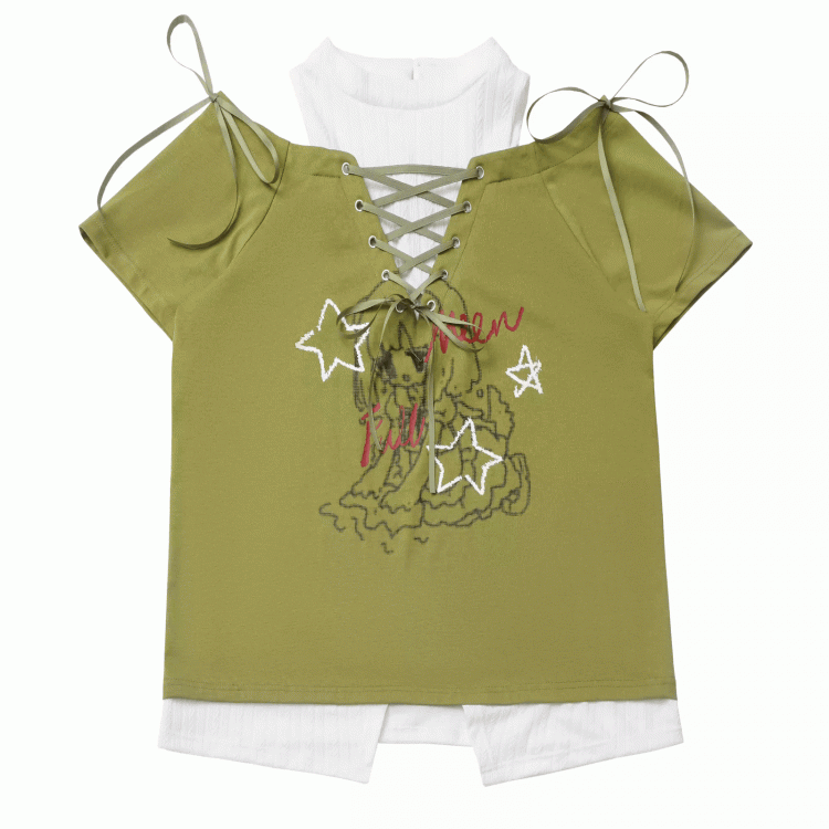 グラフィックTシャツ ネックライン フェイクツーピース グリーン/ブラック カットアウトショルダー レースアップ