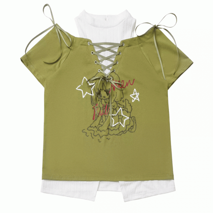 グラフィックTシャツ ネックライン フェイクツーピース グリーン/ブラック カットアウトショルダー レースアップ