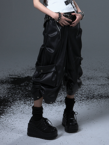 Black Zipper Decorative Mid-length Punk Rock Pants Wide-leg PU -