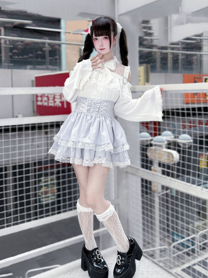 Bell Sleeves Open Shoulder with Blouse White Jirai Kei Three-Piece Set: