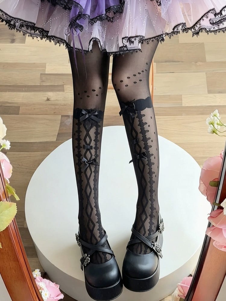 Bow-Accented Sheer Polka-Dot Lolita Over-The-Knee Stockings, Black & White - Milkcat Studio