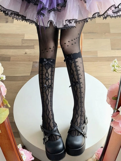 Bow-Accented Sheer Polka-Dot Lolita Over-The-Knee Stockings, Black & White - Milkcat Studio