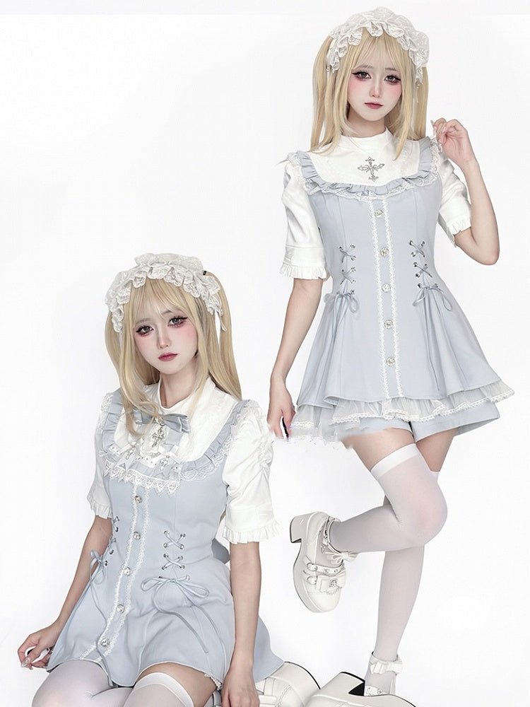 Tie a Shorts Gothic Jirai Featuring Set Blue Bib Light Lace-Up Dress Bow Details Kei