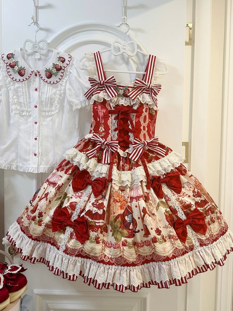 赤とイチゴのプリントドレススカートスイートロリータジャンパーバニー