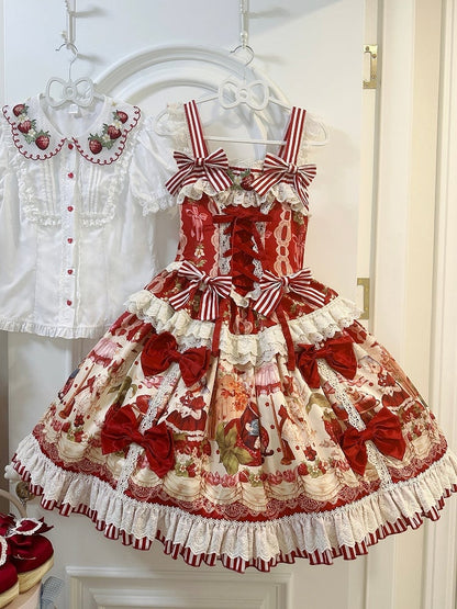 赤とイチゴのプリントドレススカートスイートロリータジャンパーバニー